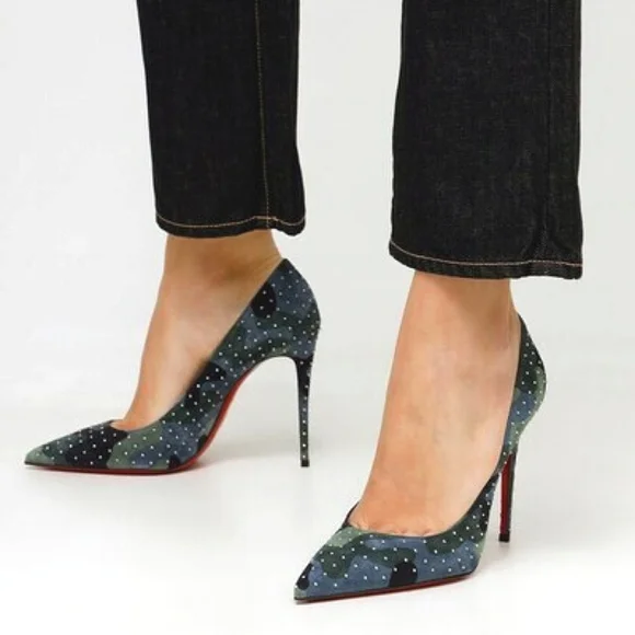 !SOLD! Christian Louboutin Kate Plume 100 Camo Studded Suede Pumps 36 - Picture 15 of 16